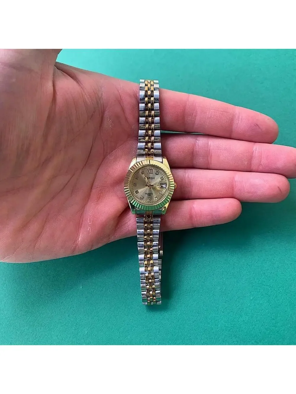 Classy Y2K Style Silver and Gold Watch with Diamond Accents